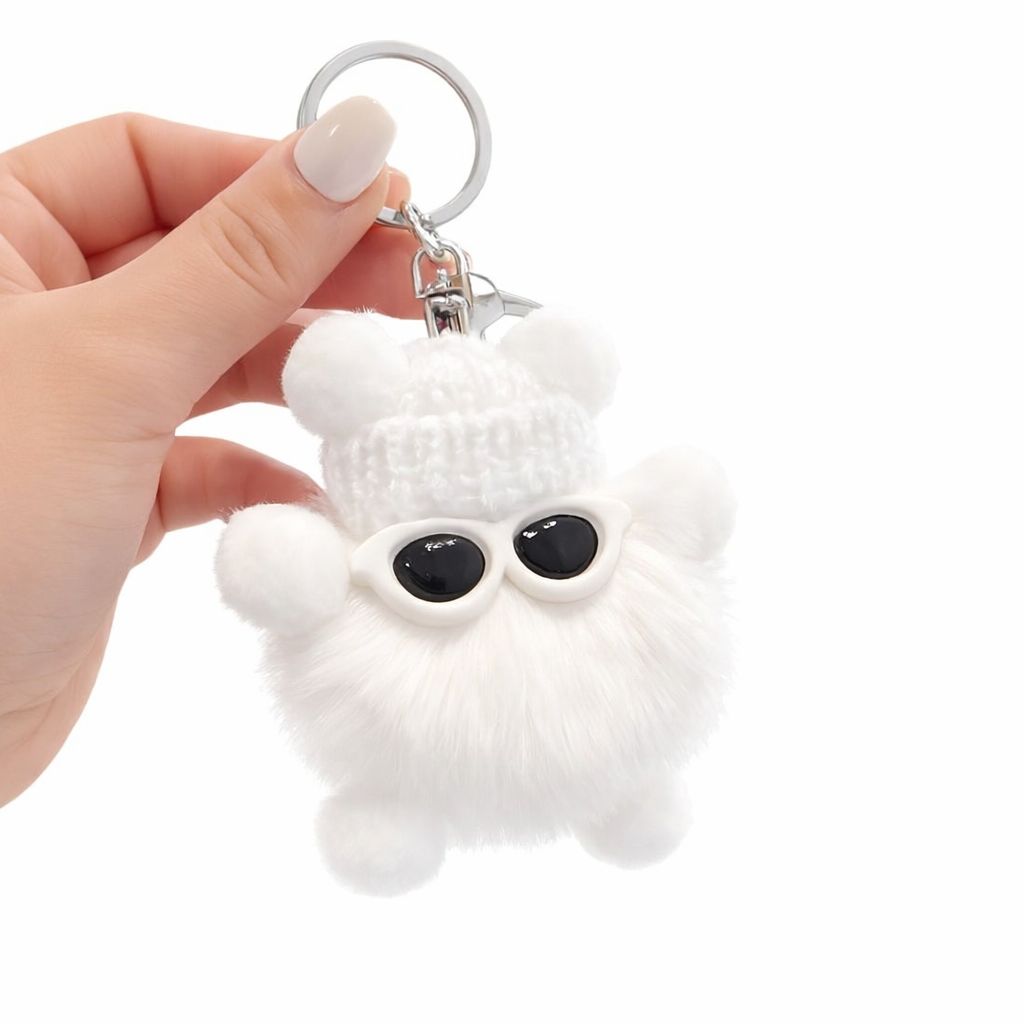 Adorable Fluffy pom-pom Sunny Mao Keychain with Beanie & Sunglasses - Cute Bear Bag Charm Key Ring