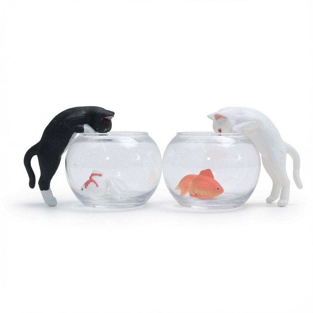 可愛貓咪趴玻璃缸看金魚樹脂公仔擺件(一盒四件)