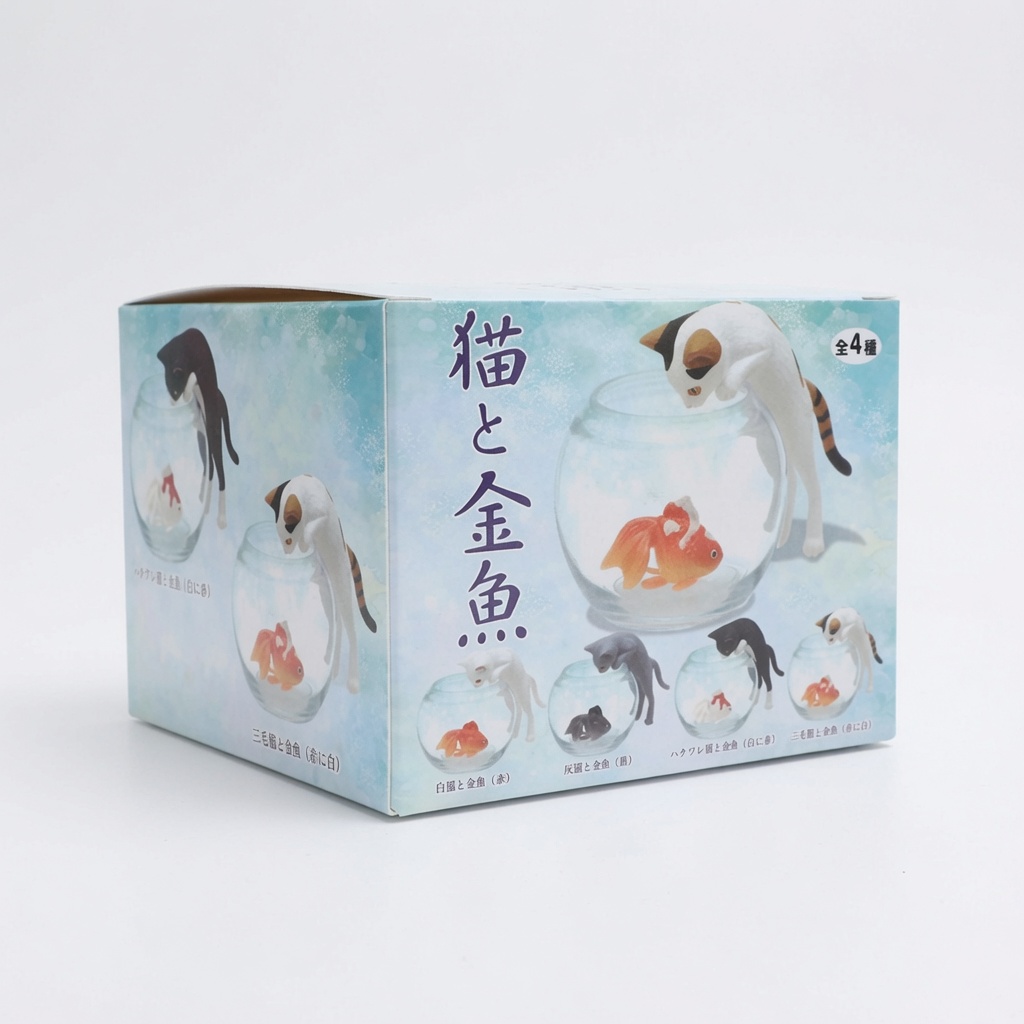 可愛貓咪趴玻璃缸看金魚樹脂公仔擺件(一盒四件)