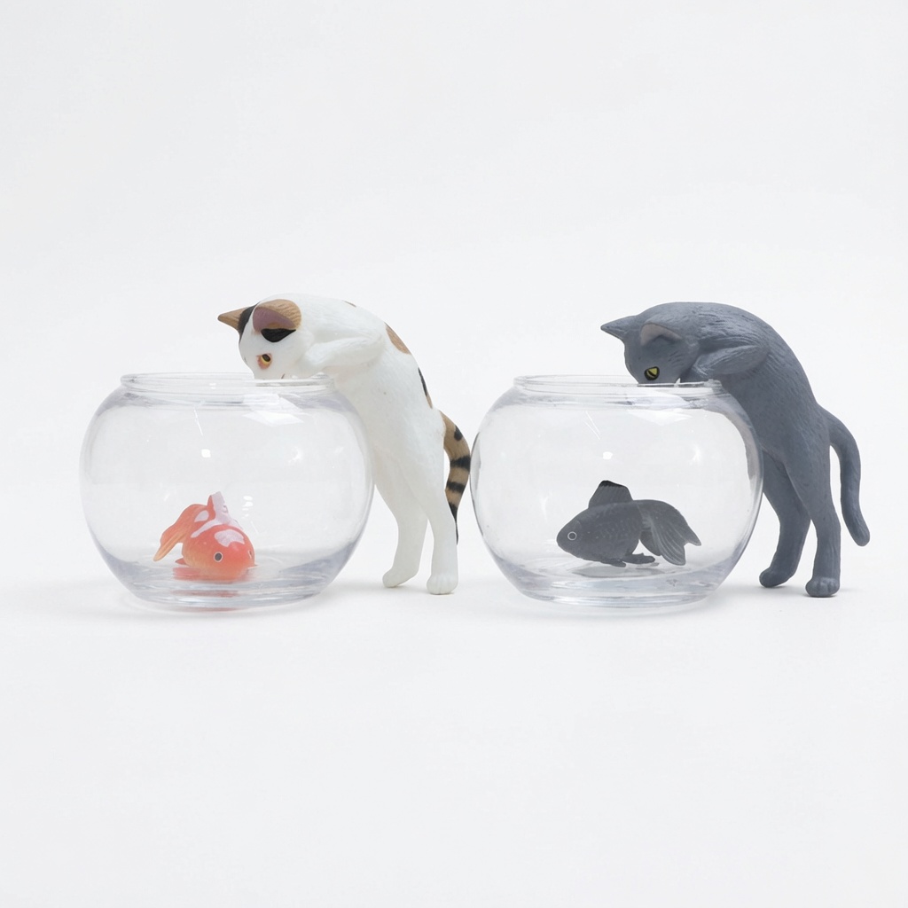 可愛貓咪趴玻璃缸看金魚樹脂公仔擺件(一盒四件)